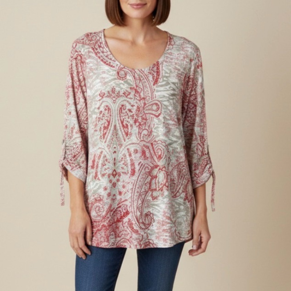 Chico’s Paisley Knit Top Drawstring Sleeve Coral Soft Rayon Spandex Size 2/L